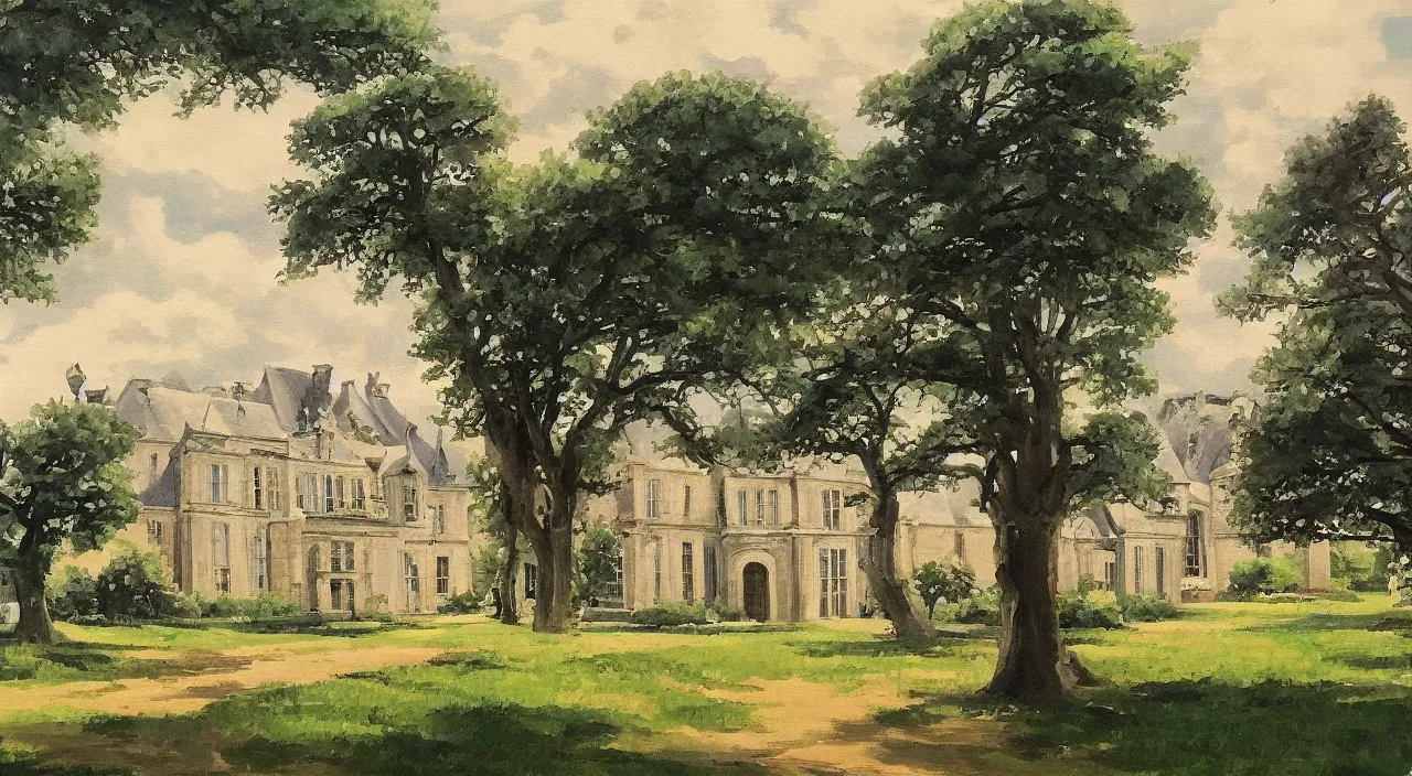 Image similar to a landscape painting of a French manor, in the style of anime