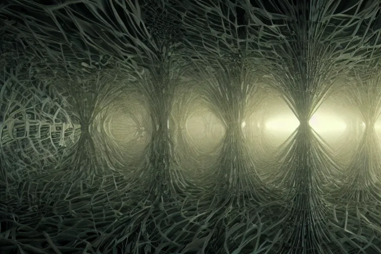 Prompt: a complex organic fractal 3 d ceramic humanoid quantum megastructure, cinematic shot, foggy, photo still from movie by denis villeneuve