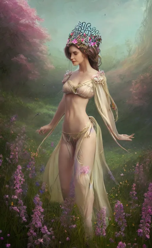 Prompt: A beautiful fantasy maiden, highly detailed full body, amazing flower tiara, wearing aristocrat robe, delicate figure, field of flowers, among foxes and deer, epic composition, ultra wide-shot, dynamic pose, concept art, beautifully lit, digital painting, smooth, character design, sharp focus, elegant, intricate, trending on artstation, by WLOP and James Jean and Victo Ngai