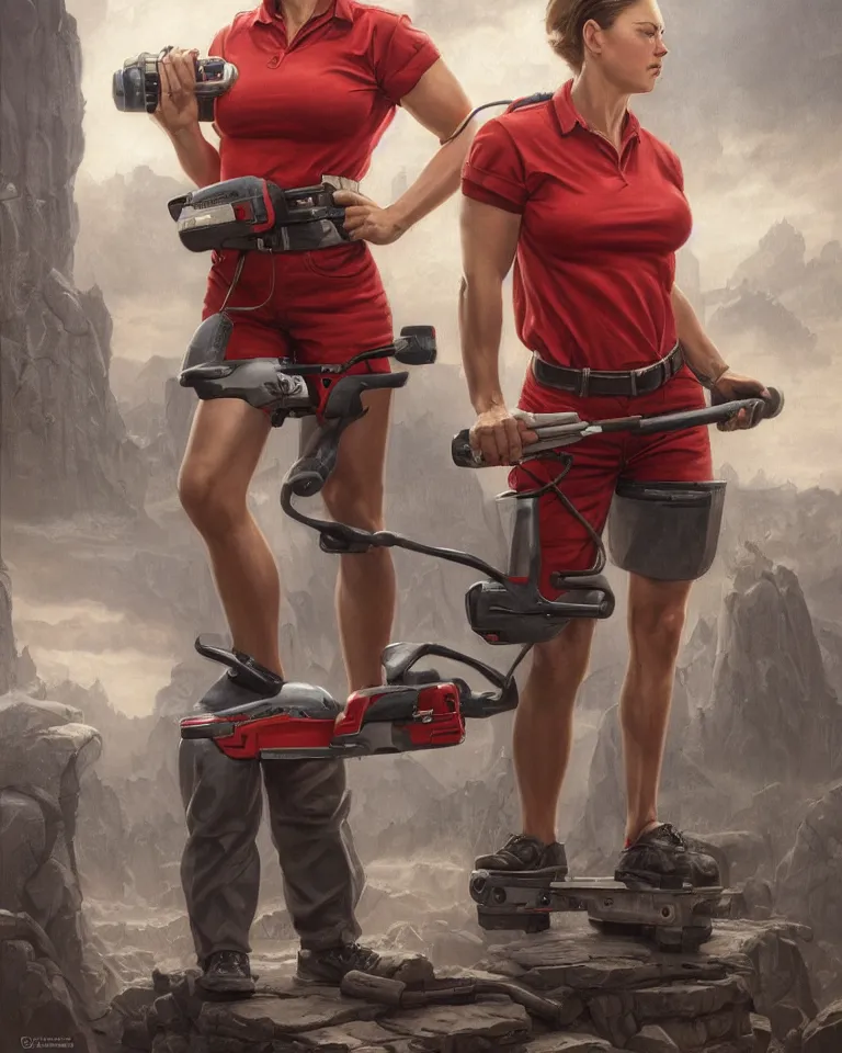 Image similar to epic portrait a slightly muscular woman wearing short sleeved uniform and carrying a red power tool drill, detailed, centered, digital painting, artstation, concept art, donato giancola, Joseph Christian Leyendecker, WLOP, Boris Vallejo, Breathtaking, 8k resolution, extremely detailed, beautiful, establishing shot, artistic, hyperrealistic, beautiful face, octane render