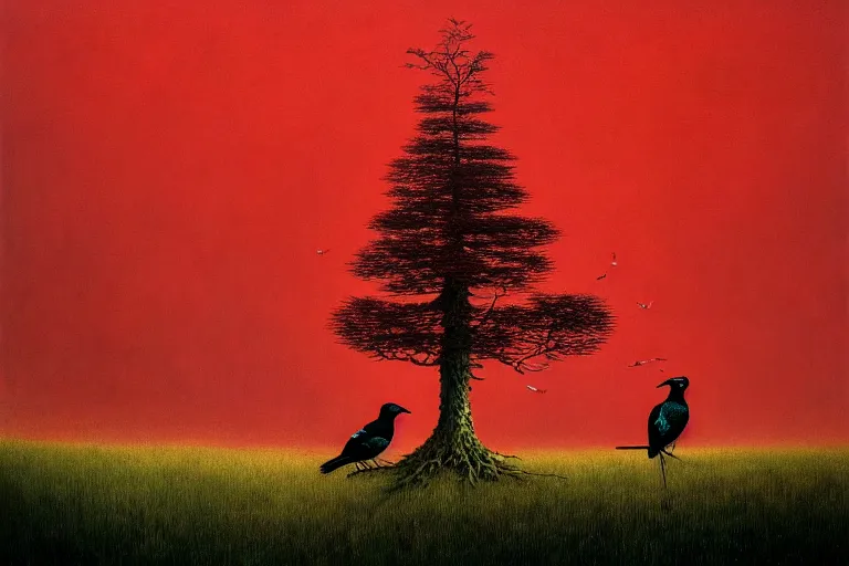 Prompt: a magpie family hosting their magpie relatives on top of a pine tree, in the style of rafał olbinski, in the style of beksinski, in the style of gediminas pranckevicius, intricate and epic composition, red by caravaggio, insanely quality, highly detailed, masterpiece, purple light, artstation, 4 k