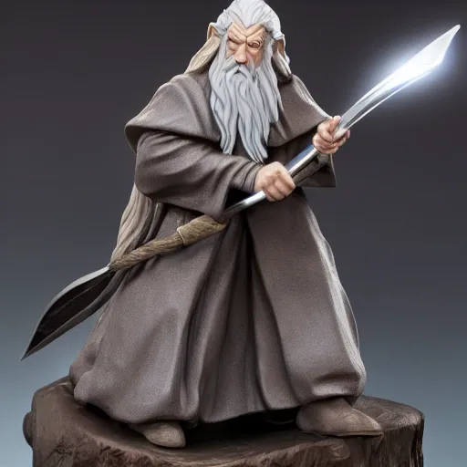 Image similar to gandalf chrome figurine sitting at a lightmixer, gandalf without a hat, color studio photo, uhd 4 k, backlight, rule of thirds