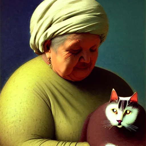 Image similar to a sweet fat old happy woman with a cat on her head. an artistic and poetic scene. jean - leon gerome, orientalism, academicism, angel, beautiful, highly detailed, color harmony, octane render, ornate, paul klee, flowers, window, zbrush, realism, darkness, alchemical, style of moebius