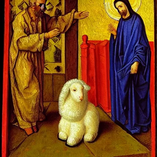 Prompt: the adoration of the lamb, by jan van eyck, in the art style of van gogh