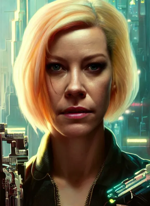 Image similar to portrait of Elizabeth Banks as a drug addicted character in Cyberpunk 2077, looking at camera, intricate, dystopian, sci-fi, extremely detailed, digital painting, artstation, concept art, smooth, sharp focus, illustration, intimidating lighting, incredible art by artgerm and greg rutkowski and alphonse mucha and simon stalenhag