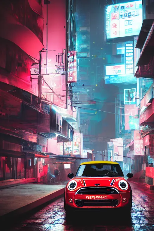 Image similar to Red Mini Cooper S, Futuristic Asian city at night with rain, Cyberpunk style, Neon lights, Matte paiting, cinematic lighting, corona render, smoke, light rays, 8k