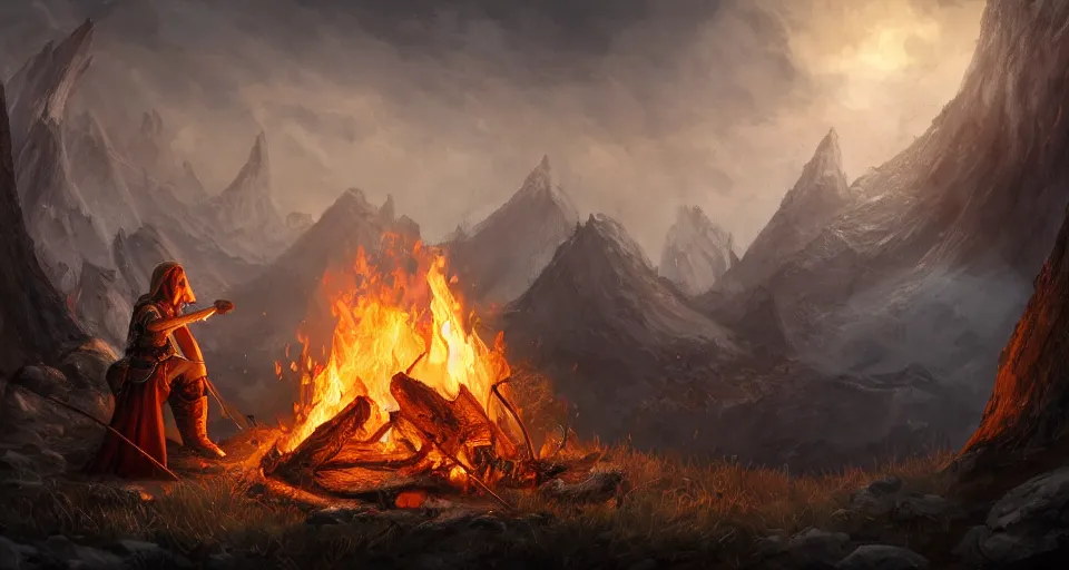 Image similar to an epic fantasy adventurer's tent left alone with a dying fire, 4 k, extremely detailed. award winning, trending on artstation, 8 k, ultra wide angle