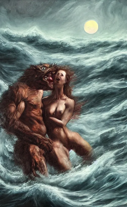 Prompt: amazing detailed moving painting of a monstrous werewolf and woman laying and kissing passionately in a turbulent ocean under a hull moon, by francis bacon. waves and come cover them. sensual. hd. hq. trending on artstation. photorealistic