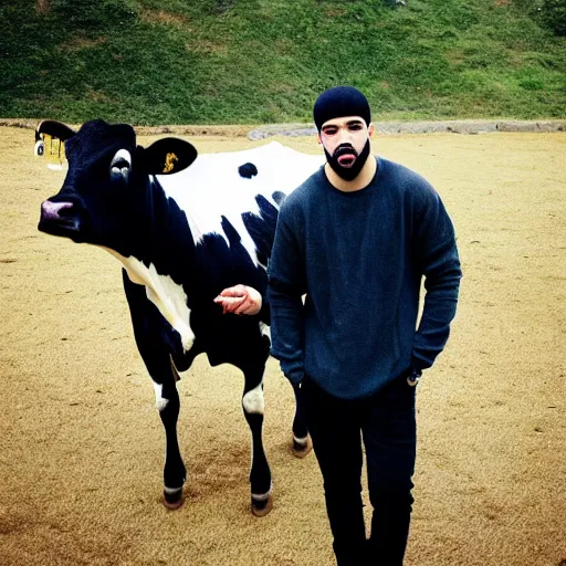 Prompt: a photo of drake with a cow