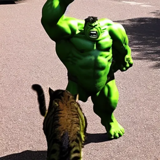 Image similar to hulk cat, big green muscular cat, demanding food from its owner