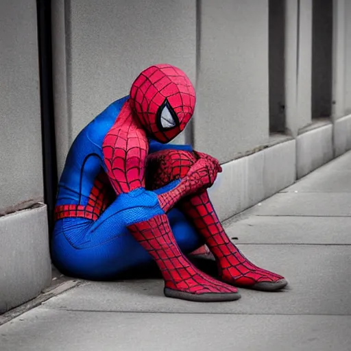 Image similar to fine art photography : spiderman caught homeless