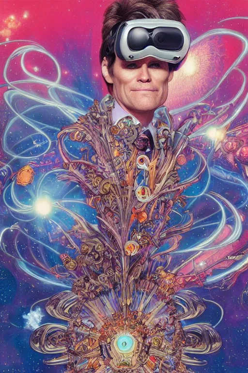 Image similar to jim carrey wearing a magic leap headset emerging from a stargate, by artgerm and yoshitaka amano and moebius and alphonse mucha, hyperdetailed, dc comics, ornate, nebula, explosions in the sky, trending on artstation