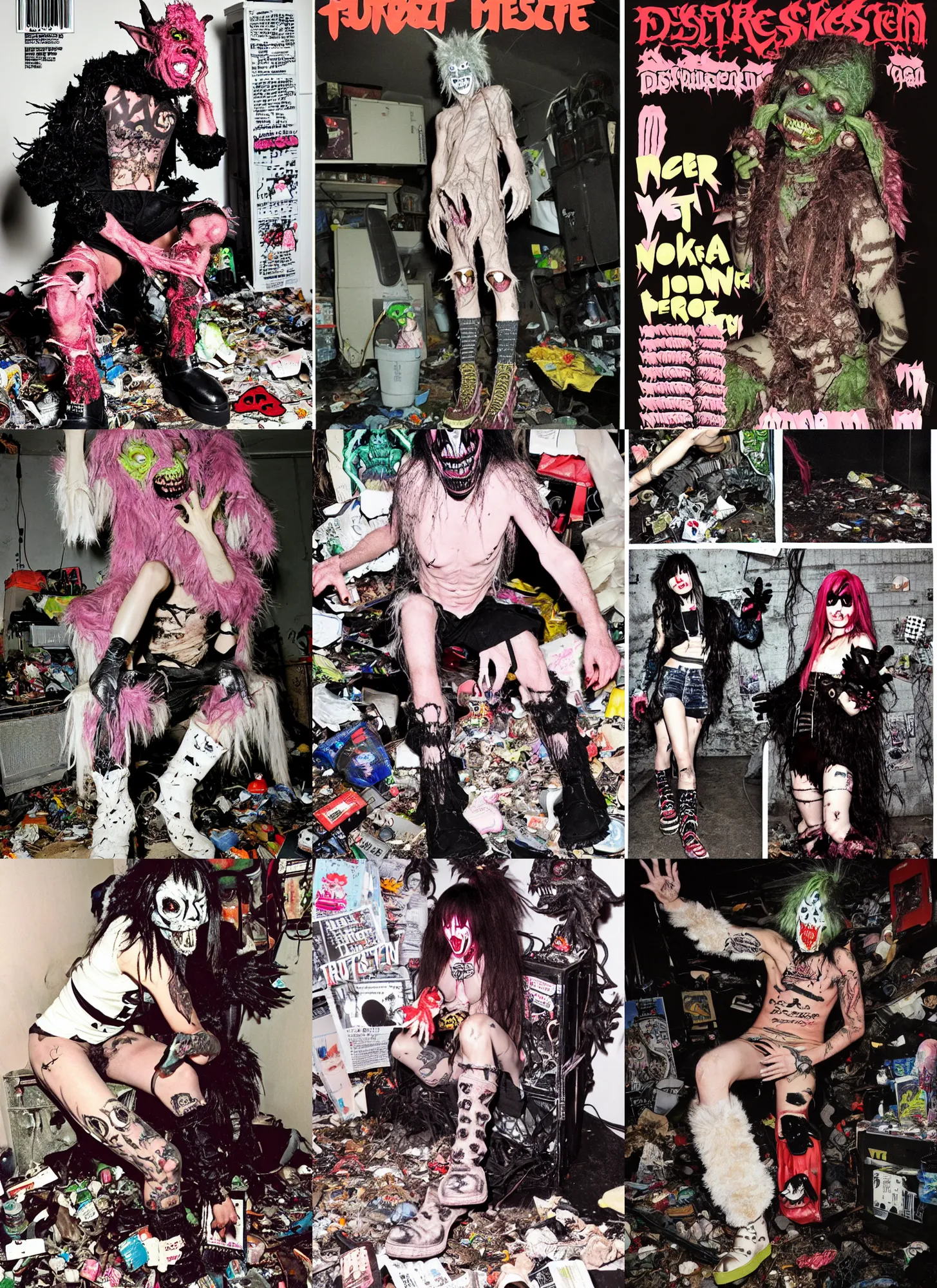Prompt: photo of lace monster goblin wearing ripped up dirty Swear kiss monster teeth yeti platform boots in the style of Ryan Trecartin in the style of 1990's FRUiTS magazine 20471120 in japan in a dirty dark dark dark poorly lit bedroom full of trash and garbage server racks and cables everywhere in the style of Juergen Teller in the style of Shoichi Aoki, japanese street fashion, KEROUAC magazine, Walter Van Beirendonck W&LT 1990's, Vivienne Westwood, y2K aesthetic