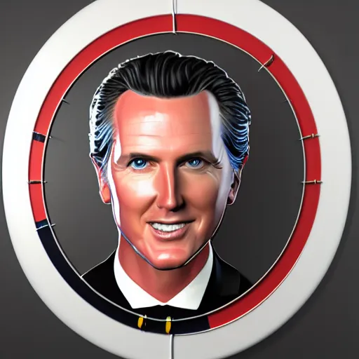 Image similar to Dartboard in the shape of Gavin Newsom's face, 3d render, digital art, artstation, hyper realistic, 8k