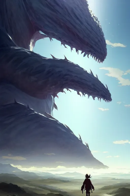 Image similar to a large humanoid kaiju creature alien monster bug creature, smooth translucent white skin, large mouth long fangs, walking above the clouds and fog, movie poster, tall mountains in the far distance, by makoto shinkai an krenz cushart