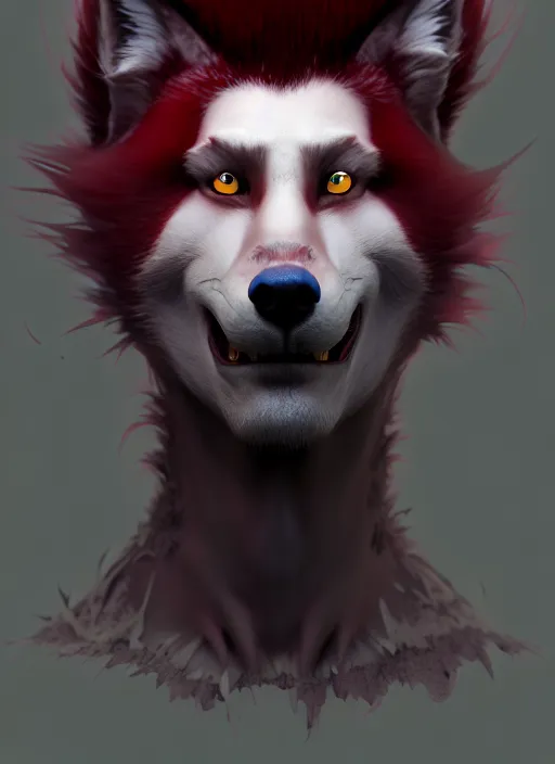 Prompt: award winning portrait of a male anthropomorphic dark gray wolf red hair. character design by cory loftis, fenghua zhong, ryohei hase, ismail inceoglu and ruan jia. artstation, volumetric light, highly detailed, photorealistic, fantasy, rendered in octane