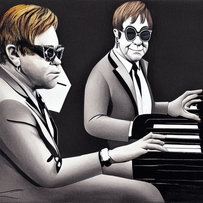 Prompt: hyper realistic, high detail photo of elton john playing piano on the street in new york ( picasso art style ), beautiful, dreary lighting