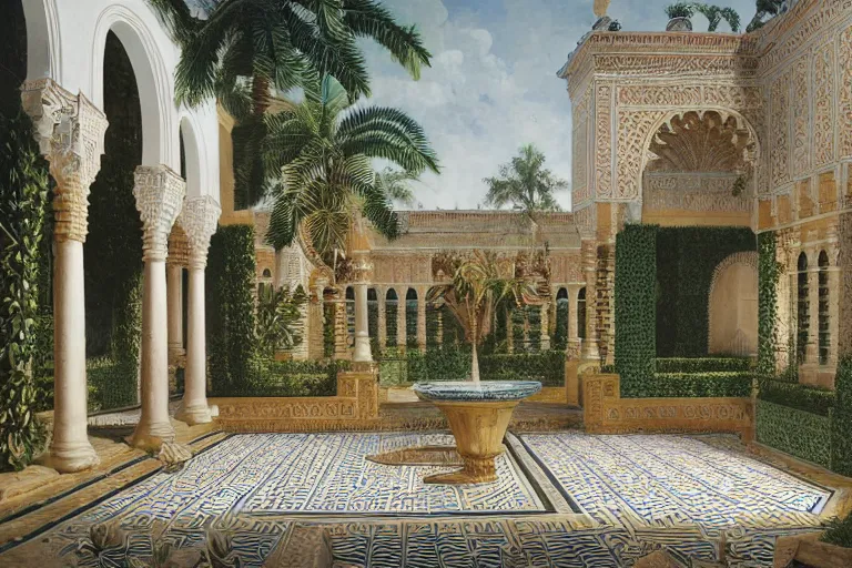 Prompt: painting of a beautiful moorish palace courtyard garden, by ludwig deutsch, patterned tilework, palm trees, tiled fountains, extremely detailed, cinematic lighting, smooth sharp focus