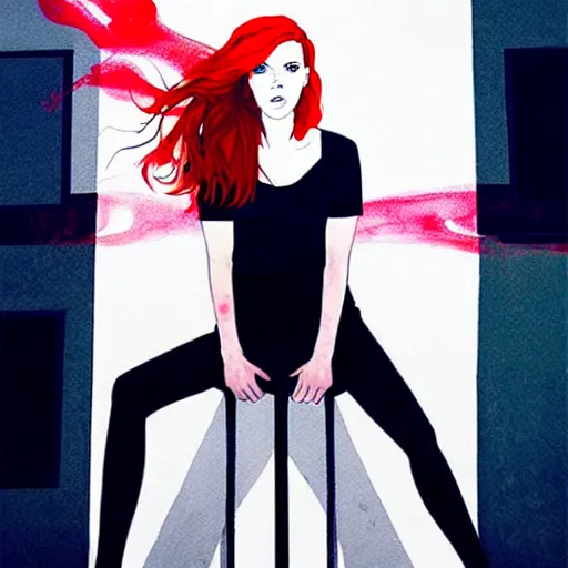 Image similar to phil noto, pretty scarlett johansson black widow, symmetrical eyes, long red hair, full body, city rooftop by agnes cecile, very luminous design, pastel colours, ink drips, autumn lights