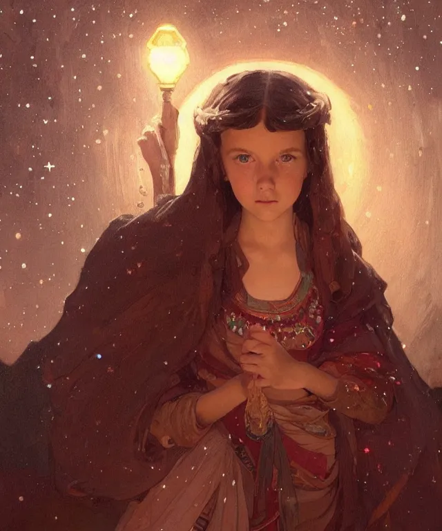 Image similar to a beautiful painting of a girl resembling millie bobby brown at the lantern festival in a an ancient egyptian town, at night with a sky full of stars, intricate, elegant, highly detailed, digital painting, artstation, concept art, by krenz cushart and artem demura and alphonse mucha