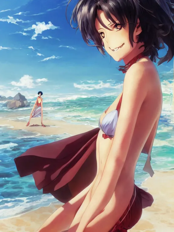 Prompt: An anime portrait of a smiling ((Morena Baccarin)) on the beach near the ocean, by Stanley Artgerm Lau, WLOP, Rossdraws, James Jean, Andrei Riabovitchev, Marc Simonetti, and Sakimi chan
