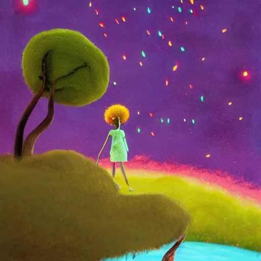 Image similar to a black girl with a colorful afro and rainbow eyes discovering a lush desert oasis with a glowing reflective pond and fireflies at sunset, bright colours, watercolor, volumetric wool felting, macro photography, children illustration, by goro fujita