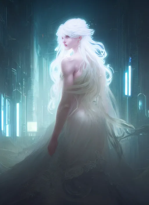 Image similar to a beautiful white haired princess, intricate concept art, ethereal, enchanted, ominous, dramatic lighting, illuminated lines, outrun, vaporware, cyberpunk darksynth, dark background, 8 k, by ruan jia and krenz cushart and alphonse mucha