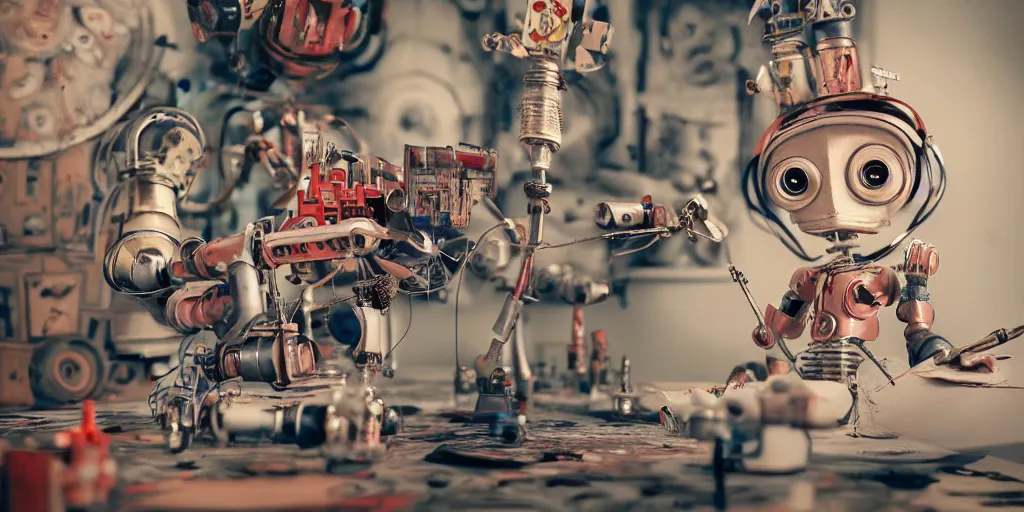 Image similar to closeup portrait of tin toy retro robot painter drawing sketch in an artist workshop, depth of field, zeiss lens, detailed, centered, fashion photoshoot, by nicoletta ceccoli, mark ryden, lostfish, breathtaking, 8 k resolution, extremely detailed, beautiful, establishing shot, artistic, hyperrealistic, octane render