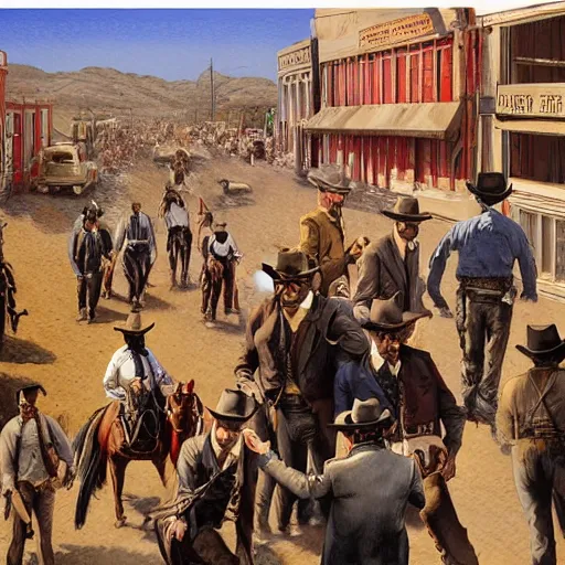 Prompt: detailed details photorealistic historical image of a wild west shootout in the town of tombstone in the style of bob peak and alex ross and moebius and jean giraud and artgerm, gouache and wash paints color and banksy, detailed details facial and body and human and environments and proportionate, detailed 5 k details.