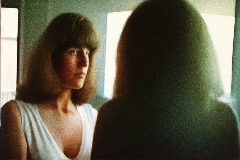 Image similar to close-up color film photography 1970s, woman standing near mirror, soft light, 35mm, film photo, Joel Meyerowitz