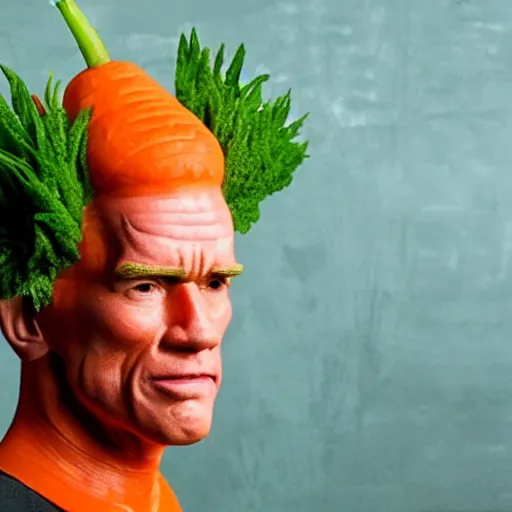 Prompt: photo of a human carrot!!! with the face of arnold schwarzenegger!!! with green leaf!! leaves!! on his head green spiky wig