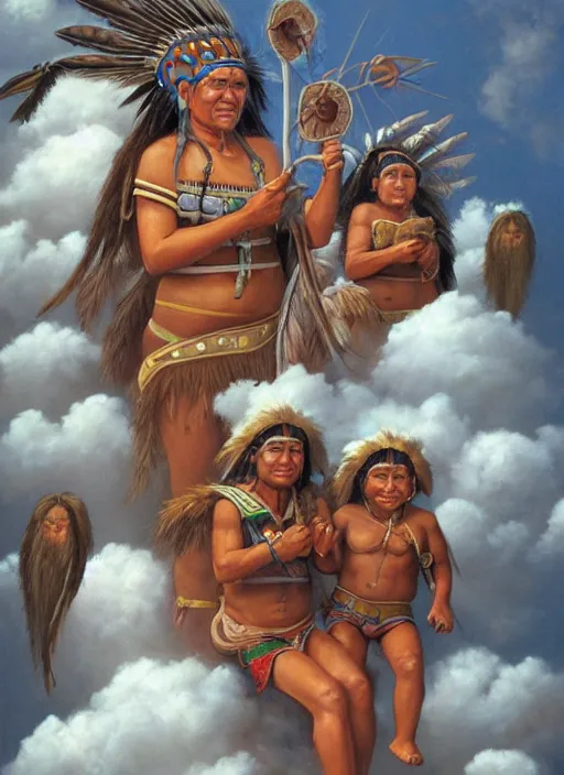 Image similar to faces of indigenous amazonian grandfathers and grandmothers spirits in the clouds, smiling, protection, benevolence, ancestors, detailed faces, art by christophe vacher