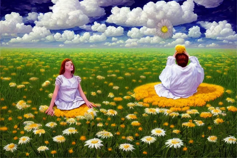 Prompt: giant daisy flower head, woman sitting, surreal, clouds in sky, impressionist painting, digital painting, artstation, rob gonsalves