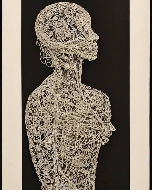 Image similar to a woman's face in profile, made of intricate decorative lace leaf skeleton, in the style of the dutch masters and gregory crewdson, dark and moody