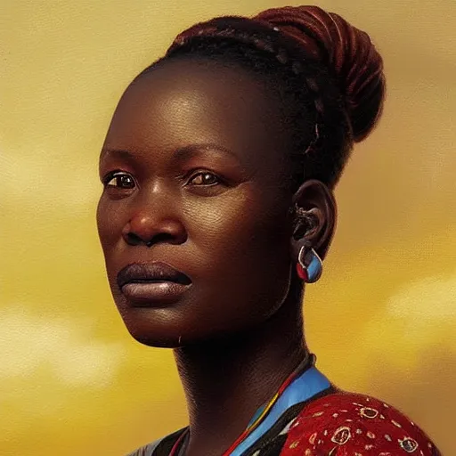 Prompt: portrait of a zimbabwean woman ( 3 5 ) from zimbabwe in 2 0 2 1, an oil painting by ross tran and thomas kincade