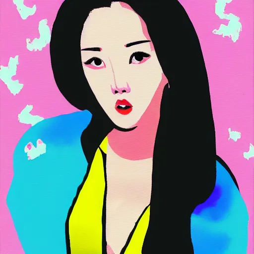 Image similar to popart painting of Hwasa. Mamamoo beautiful singer talented woman. FULL BODY WOMANLY FIGURE. Full body popart cute face.