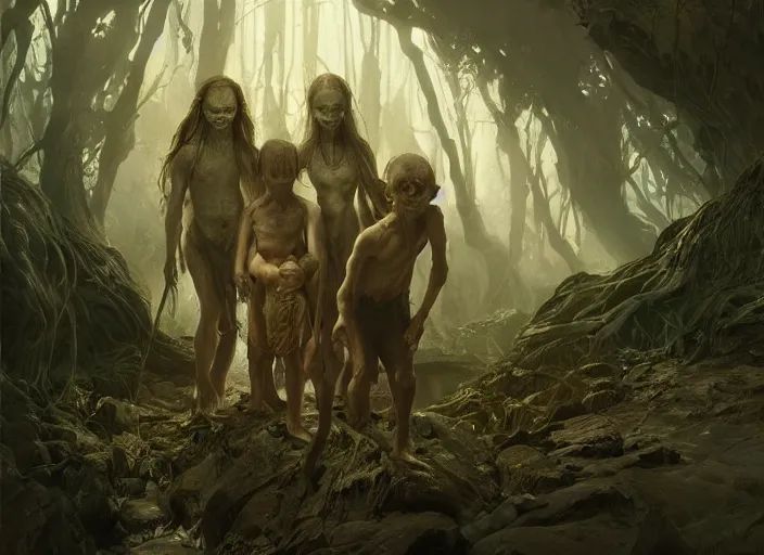 Image similar to a dramatic highly detailed render of Gollum family , Middle-earth , by WLOP and Artgerm and Greg Rutkowski and Alphonse Mucha, Beautiful dynamic dramatic dark moody lighting, shadows, cinematic atmosphere, Artstation, Octane render, 8K, masterpiece, sharp focus, hyperrealistic