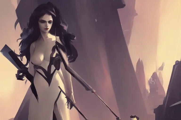 Image similar to seductive goddes holding a grim reapers tool in a modern city in the style of Durand and greg rutkowski, beautiful, geometric, trending on artstation, cinematic