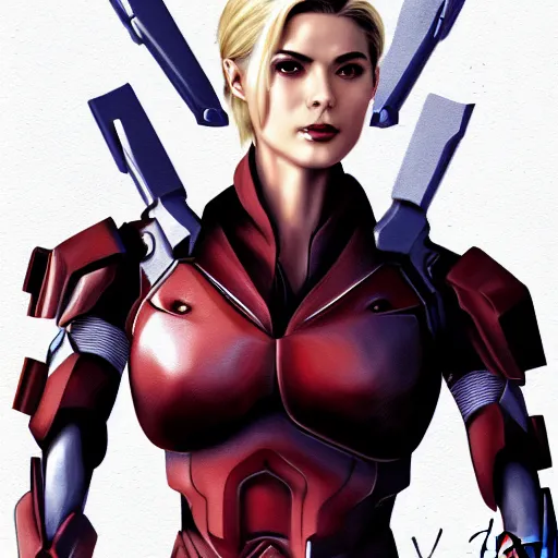 Image similar to A combination of Ada Wong's and Grace Kelly's and Ashley Greene's appearances with blonde hair wearing Spartan Vale's armor from Halo, high tech, action shot, angular, full body portrait, futuristic, dramatic, fantasy, intricate, elegant, highly detailed, digital painting, artstation, concept art, matte, sharp focus, illustration, 8K, art by Donato Giancola and James Gurney