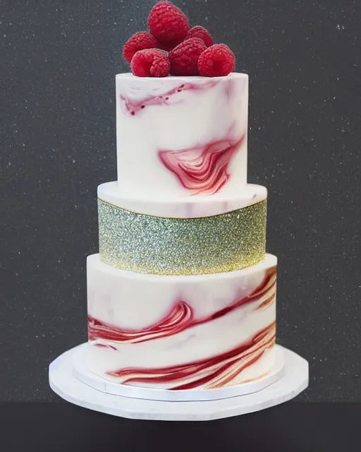 Image similar to elegant marble raspberry wedding cake dripping fondant, stylized, sparkling, glitter, gilding, ornate, sylvain sarrailh, artstation