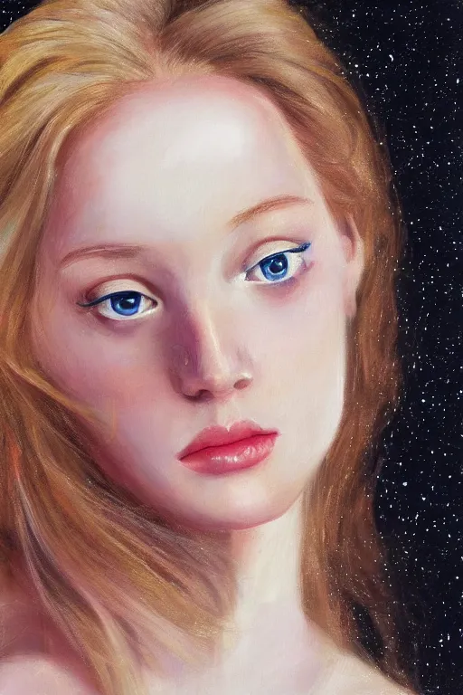 Prompt: hyperrealism oil painting, close - up portrait of blonde fashion model with pale skin in soft light, classicism style, space galaxy background
