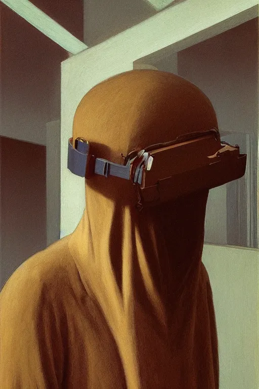 Image similar to Carpenter wearing oculus and tobacco over his head, Edward Hopper and James Gilleard, Zdzislaw Beksisnski, highly detailed