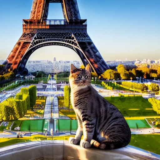 Image similar to high-resolution photograph of a giant cat riding the eiffel tower