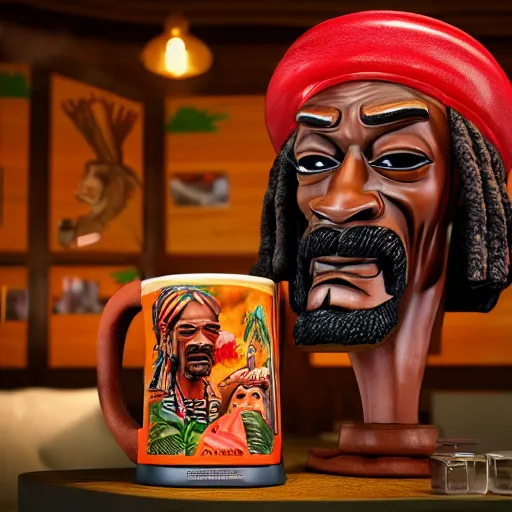 Image similar to a photorealistic photograph of a Trader Vic's tiki mug featuring Snoop Dogg at a Tiki bar - Trending on Artstation, featured on Behance, well-rendered, Unreal Engine, 4K HD