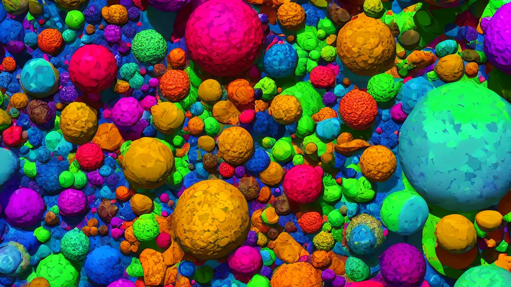 Image similar to a close up of a bunch of different objects, a raytraced colorful image by benoit b. mandelbrot, behance, generative art, fractalism, biomorphic, greeble, rtx, vray, octane render, volumetric lighting, depth of field, 3 d