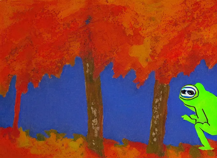 Image similar to portrait of pepe tge frog hiking franconia ridge new hampshire in autumn, artwork by etel adnan