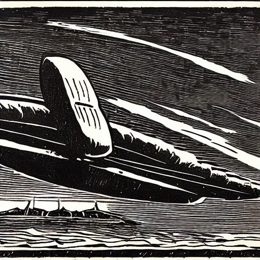 Prompt: woodcut of a spaceship landing in the middle of the ocean, kathe kollwitz