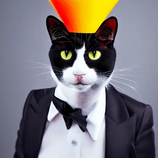 Image similar to man with the head of a tuxedo cat, wearing a party hat