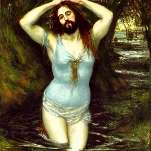 Prompt: jesus as ophelia drowned in the water in the style of john everett millais