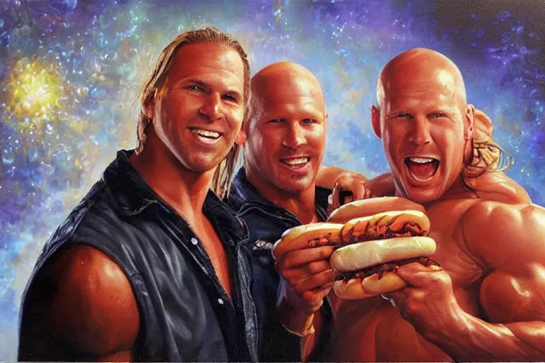 Prompt: portrait of wwf shawn michaels and wwf steve austin sharing hotdogs, an oil painting by ross tran and thomas kincade